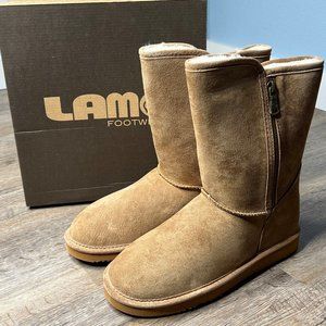 LAMO women's water & stain resistant tan suede boots, faux fur lining